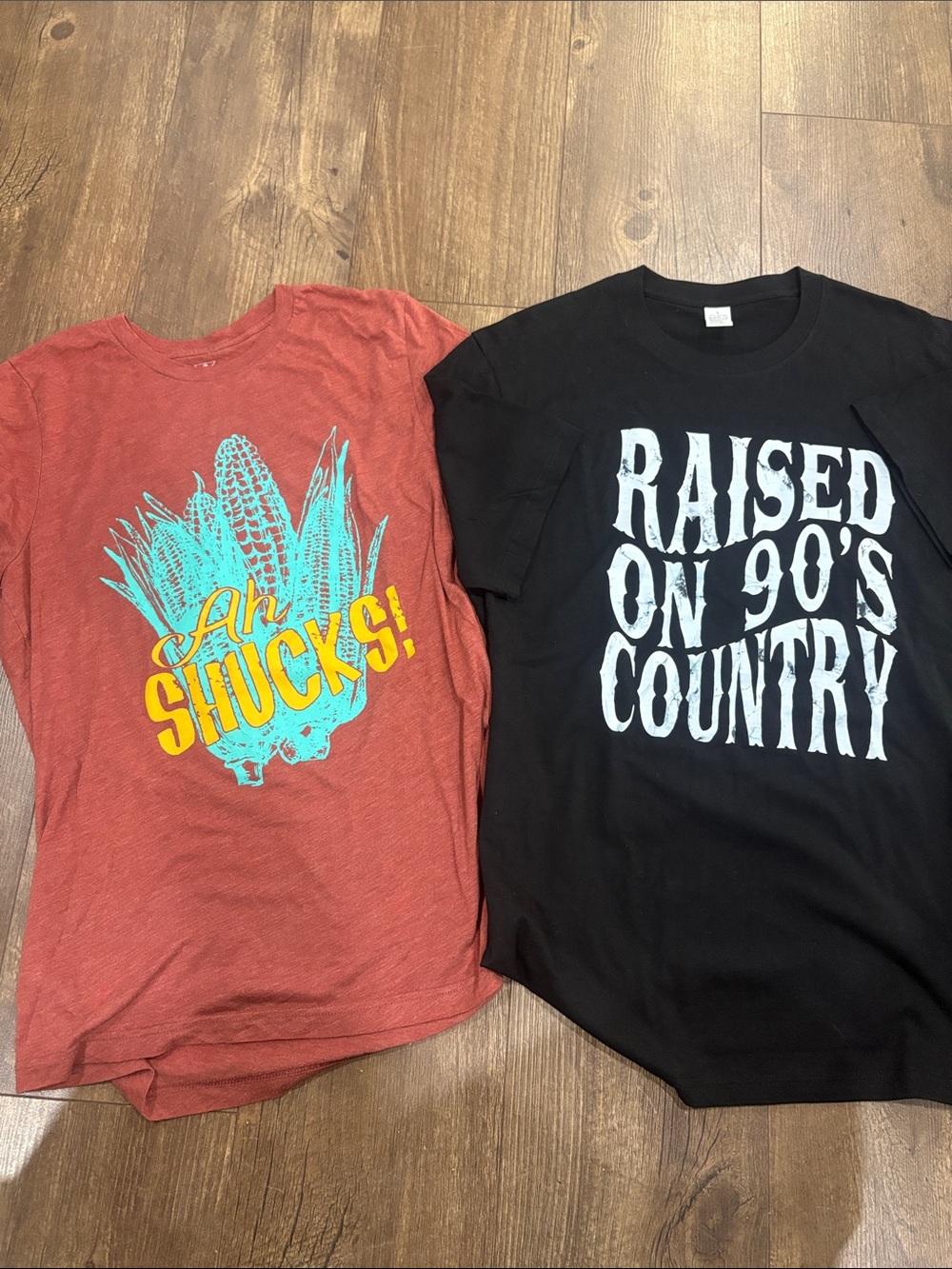 Ah Shucks! Graphic Tee for women - Rust Red with Teal & Yellow Print lot 2 tees